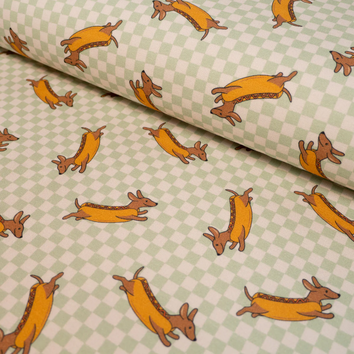 Tissu French terry Bio - Ikatee® - Chien-saucisse - Vert d’eau - Image 4