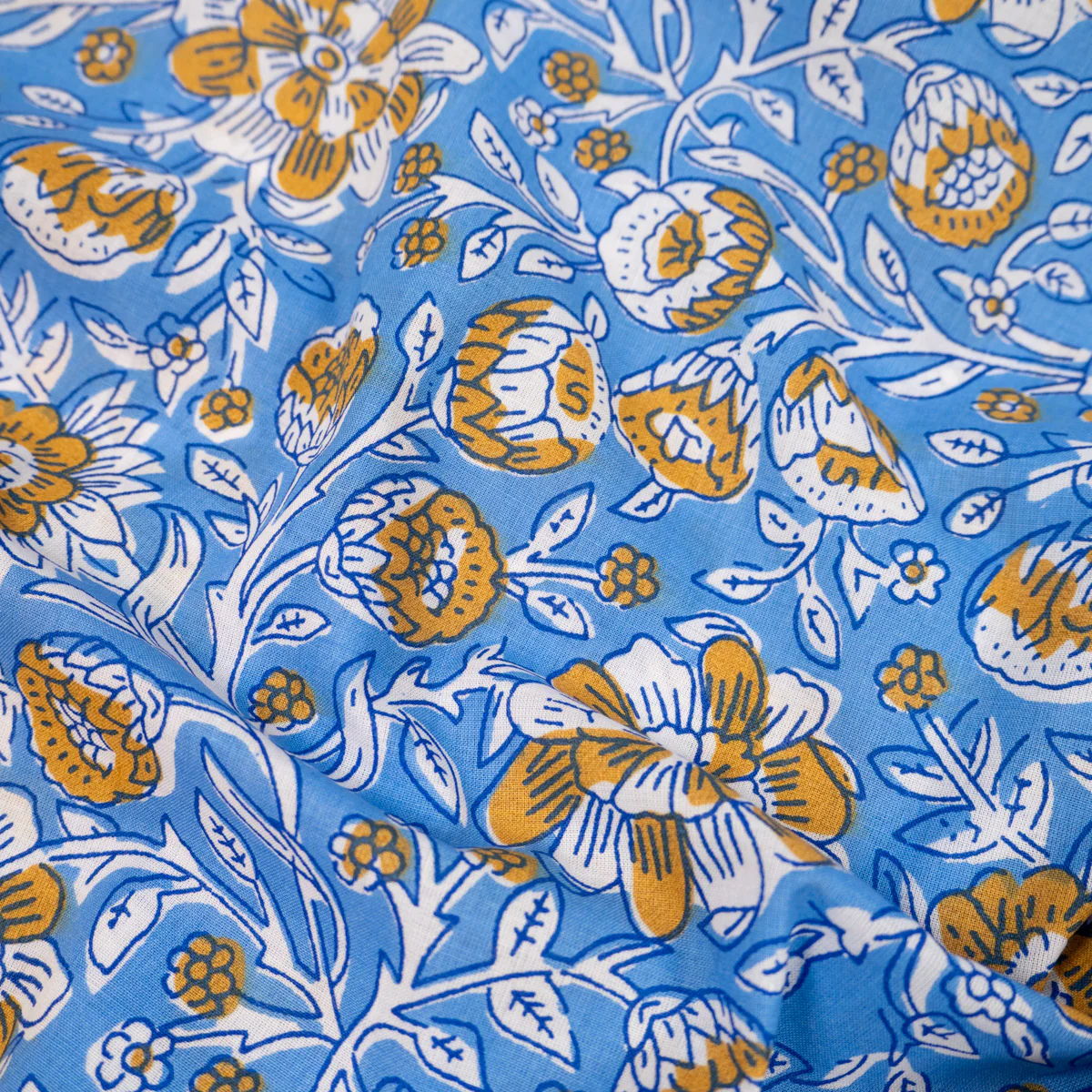 Tissu Popeline - Fleurs indiennes Kali - Bleu