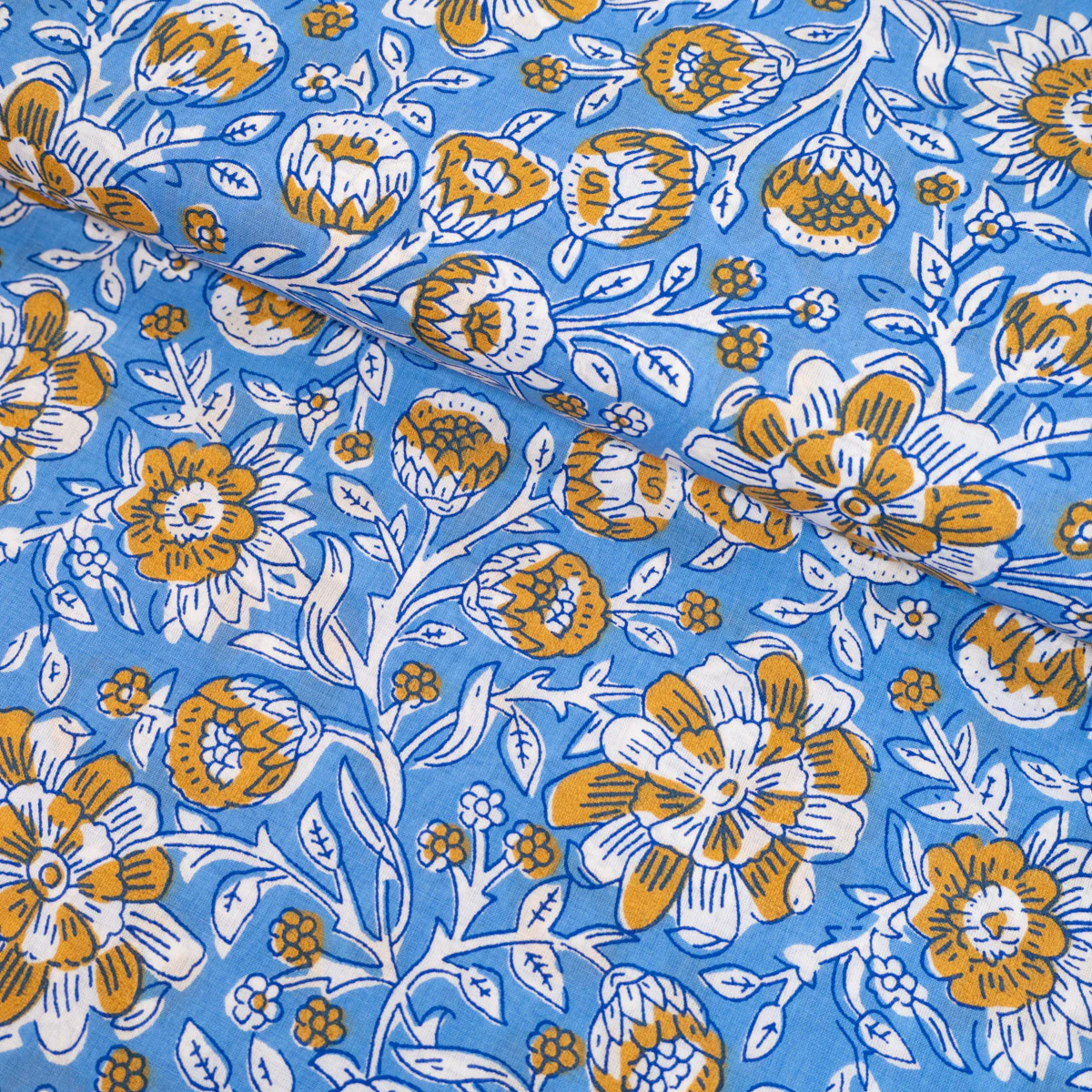 Tissu Popeline - Fleurs indiennes Kali - Bleu - Image 3
