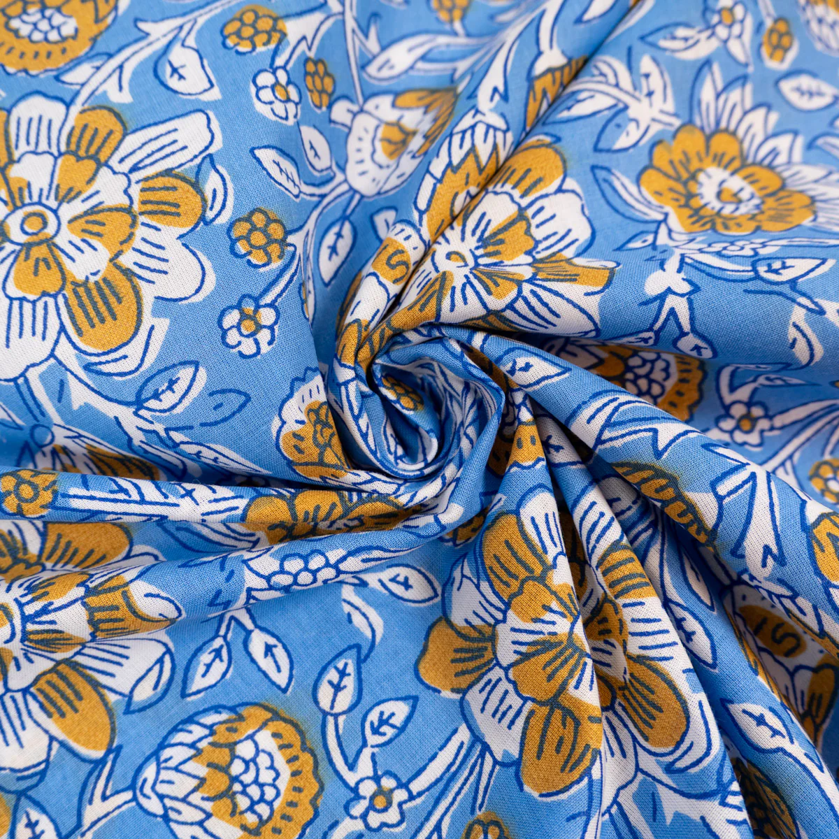 Tissu Popeline - Fleurs indiennes Kali - Bleu - Image 5